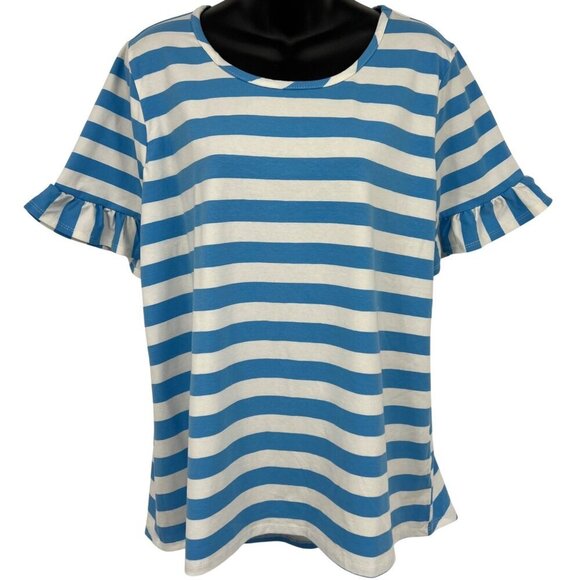 NY Collection Tops - NY Collection Blue White Stripe Ruffle Sleeve Top Extra Large XL Round Neck New